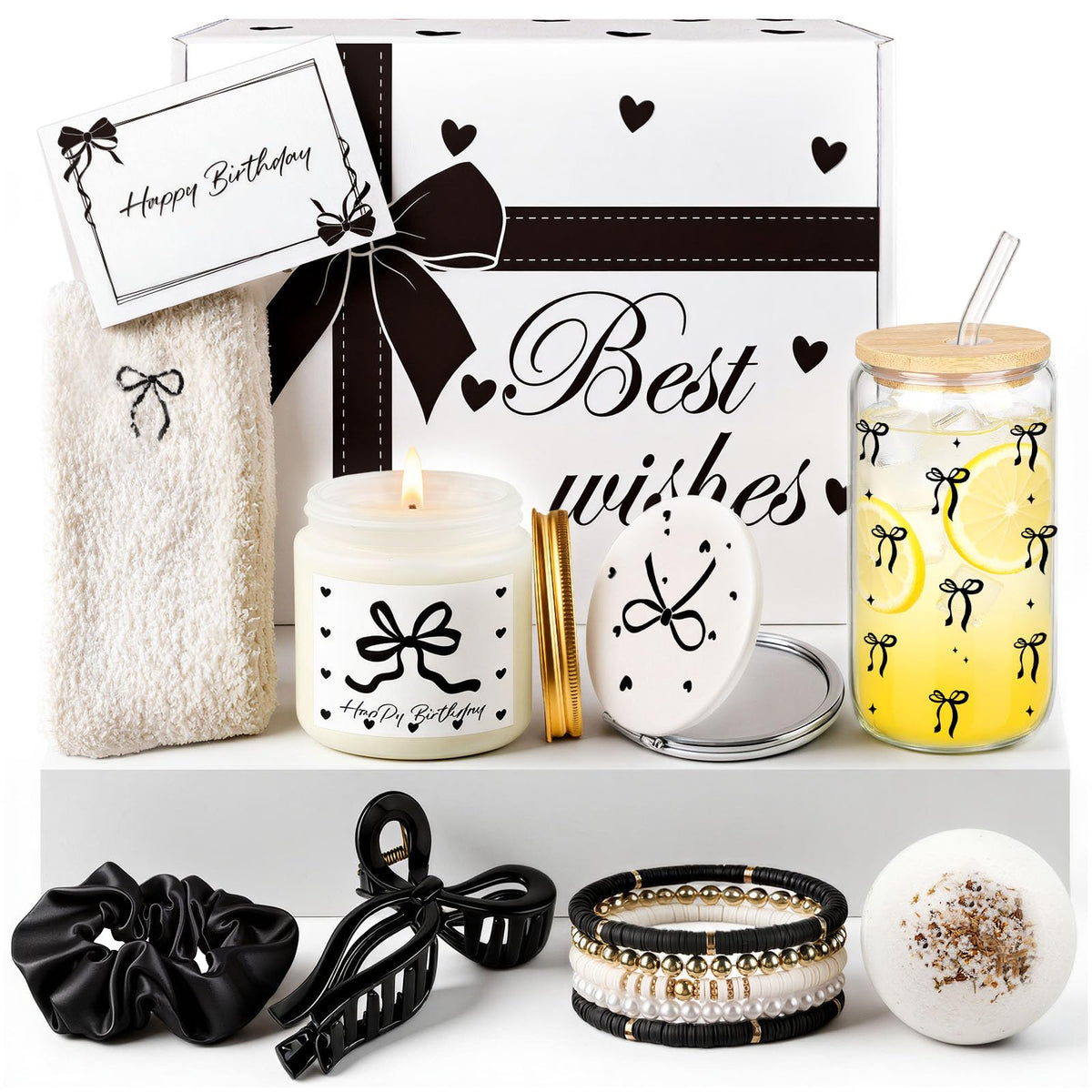 Elegant Birthday Gifts for Women, Black Bow Unique Birthday Relaxing Gifts Box with Scented Candles, Greeting Card & Home-Spa Relaxation, Birthdays Presents for Her, Best Friend, Sister, Wife