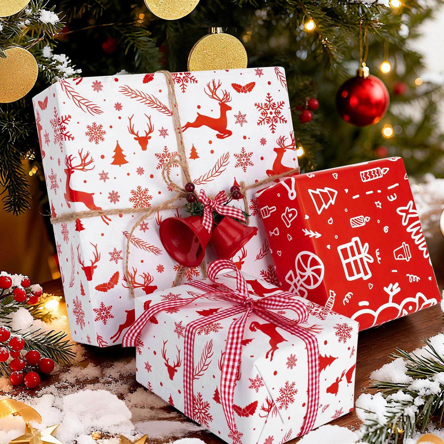 Iioscre Reversible Christmas Wrapping Paper, Santa Gift Wrapping Paper Roll, Red White Reindeer and Snowflake Wrapping Paper for New Year, Holiday, Party, 17 Inch X 32.8 Feet