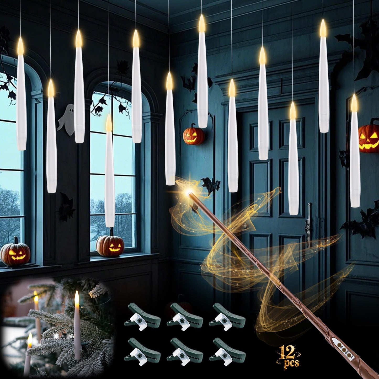 Rhytsing 12 Pcs Flameless LED Floating Candles 6 inches with Magic Wand Remote for Halloween Party, Battery Operated Hanging Taper Candles with Fishing Line, Christmas Tree Clip On Candles with Timer