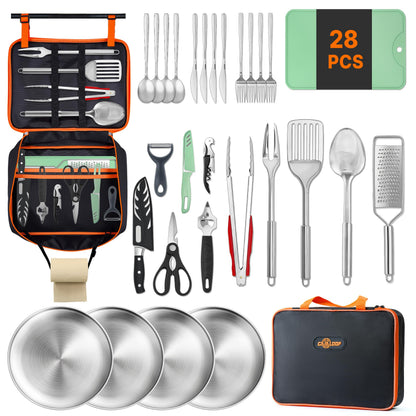 GAIALOOP Portable Camping Cooking Utensils Set 28PCS, Camp Kitchen Set with Plates and Camping Cutlery Set, RV Essentials Cooking Equipment, Outdoor BBQ Cooking Utensil Kit with Organizer Bag