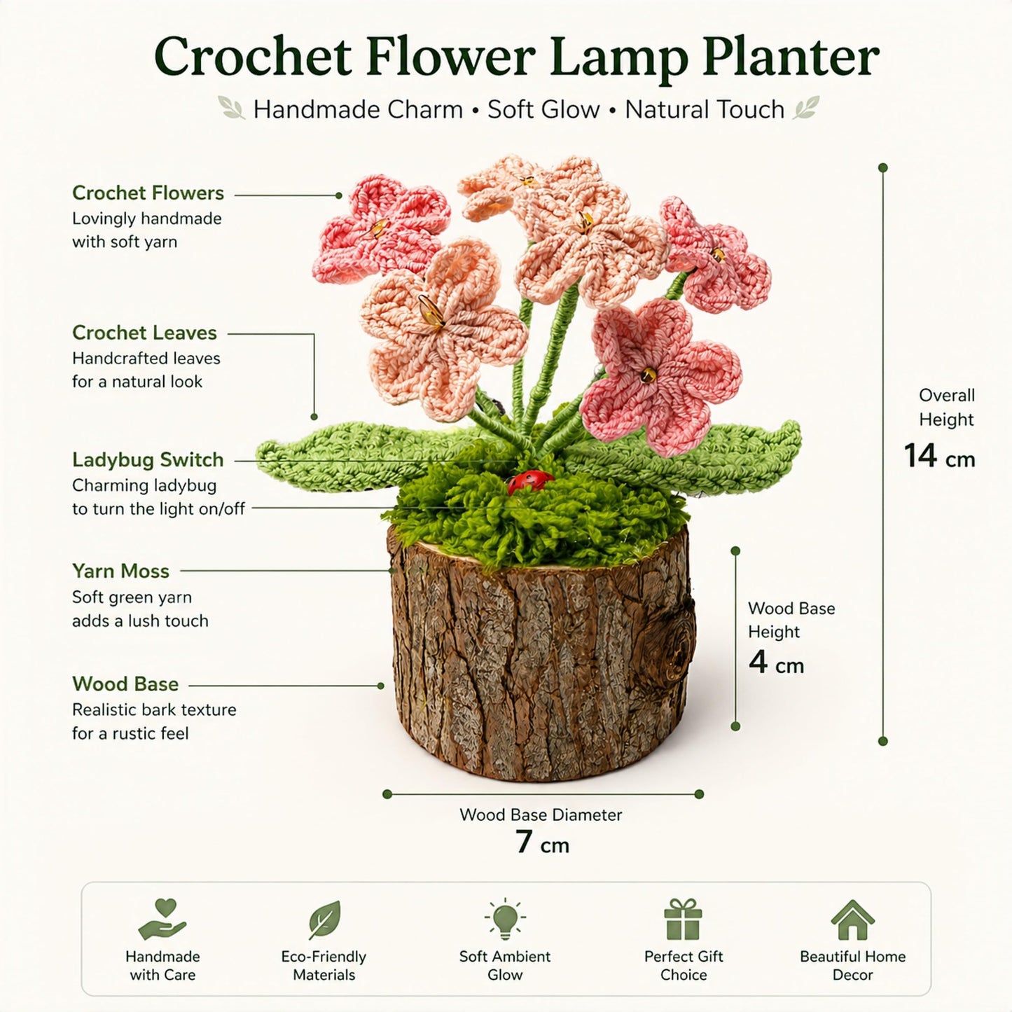 Tisuvimy Handmade Crochet Forget-me-not Flowers Night Light Knitted Flower with Wooden Pot Home Desktop Decorations Gifts for Women Friends Lovers Classmates (Pink Forget-me-nots)