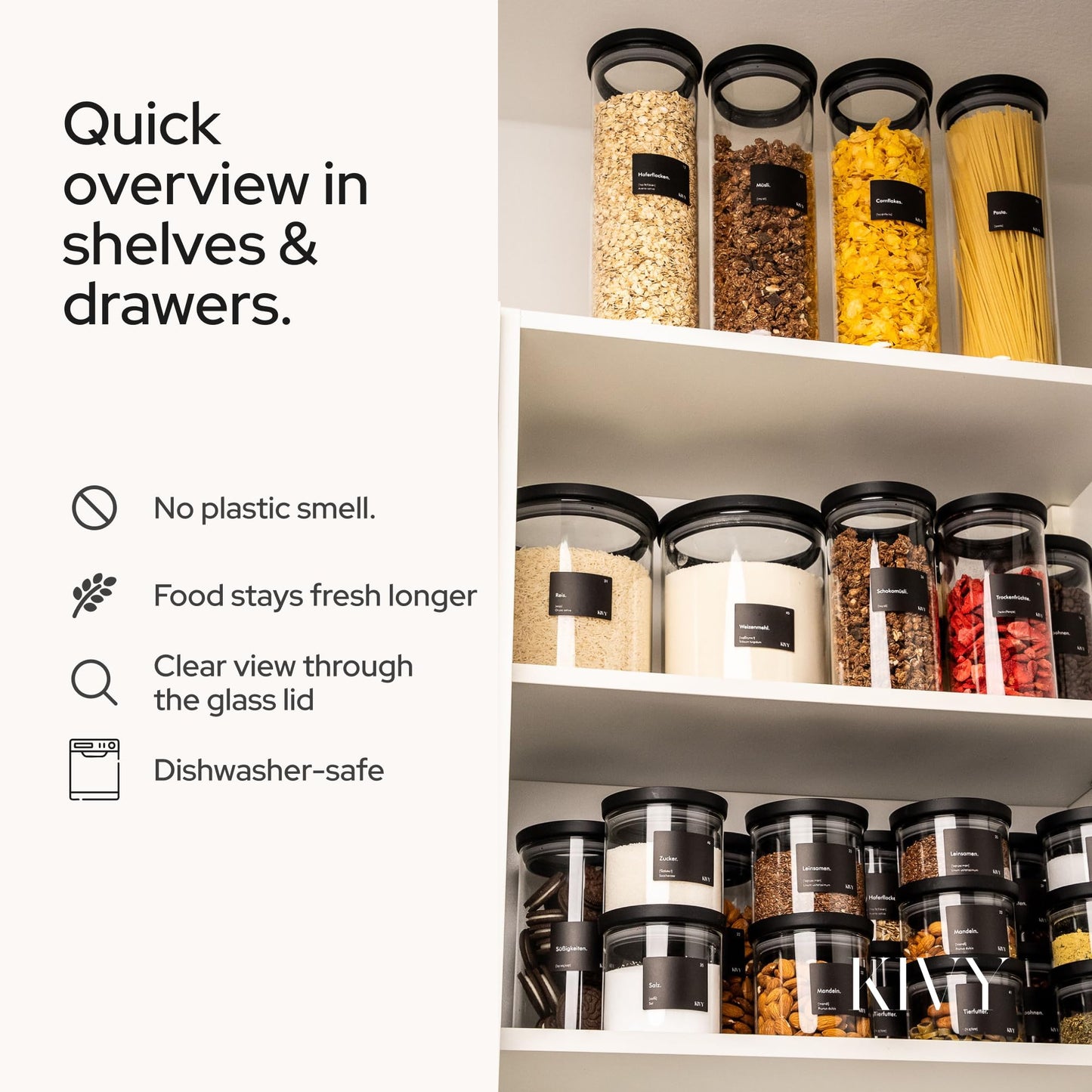 KIVY Airtight Glass Jars with Lids & Labels [4x 17oz] Stackable Glass storage jars with airtight lids - Black Glass Jars with airtight lid - Food Glass canisters with transparent lids