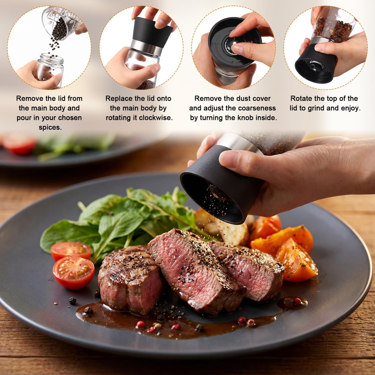 Mifoci 3 Pcs Manual Salt and Pepper Grinder Set, Refillable Salt and Pepper Shakers, Adjustable Coarseness Bpa-free Glass Container with 8 Sticker 1 Markers, Short Black White Red