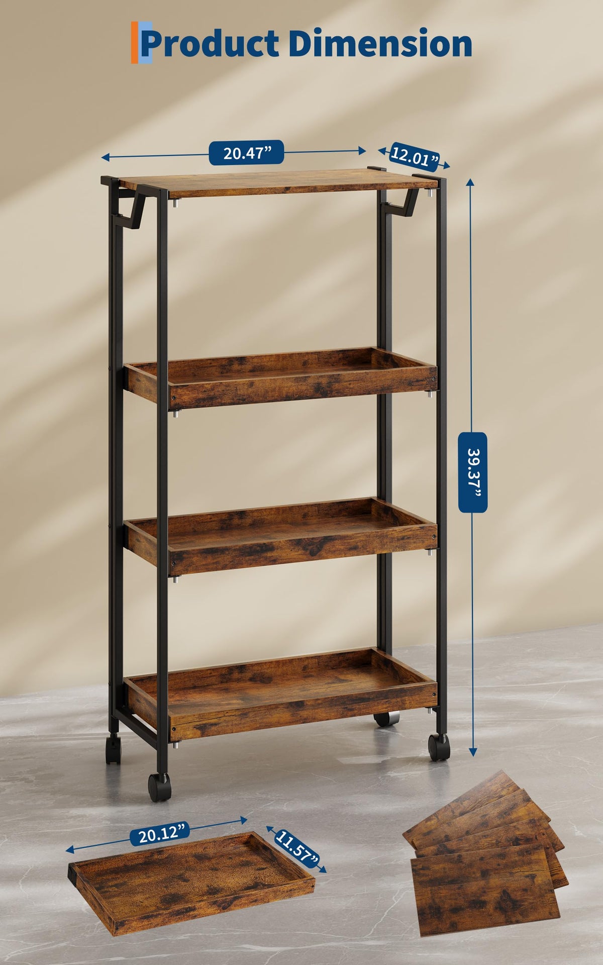 PeakPursuit Large 4-Tier Collapsible Wooden Storage Shelf – Heavy Duty 100 lbs Capacity, Locking Wheels – Space-Saving Organizer for Kitchen, Garage, Workshop, Home – No Assembly Required