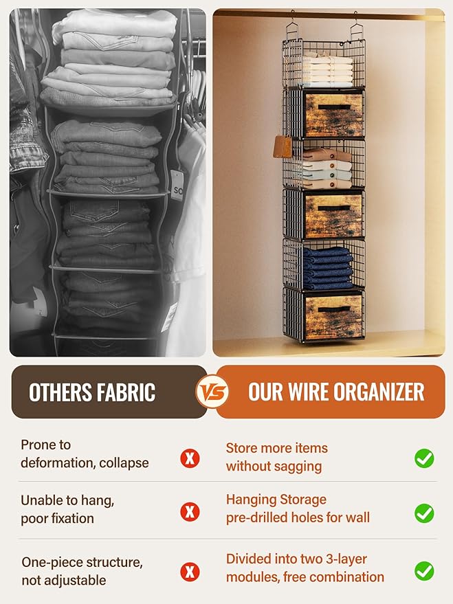 Closet Hanging Organizer with Drawers, 6 Tier Metal Closet Organizers and