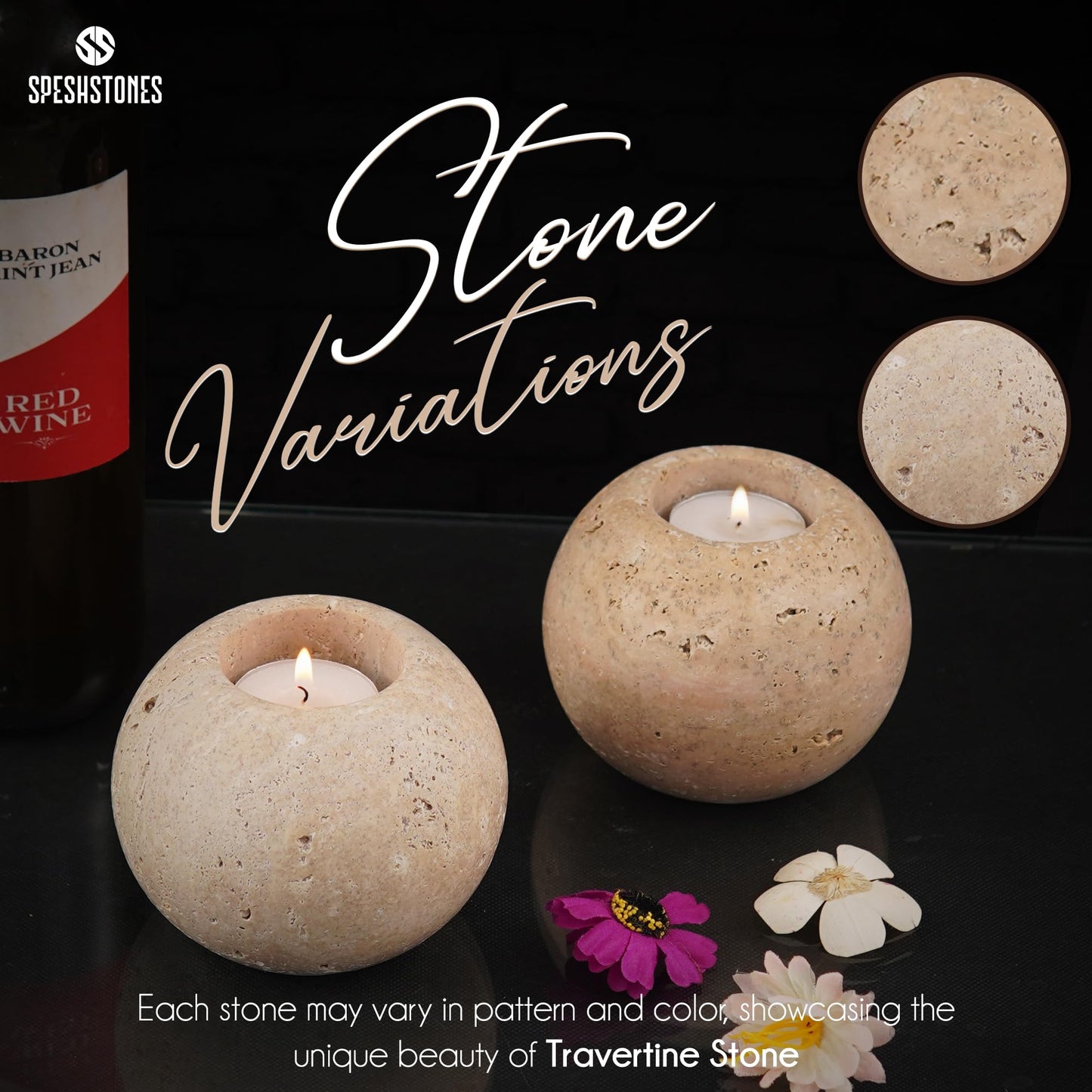 SPESHSTONES Marble Tealight Candle Holders 4 Inch Travertine Votive Candles Holder for Gifts, Tea lights Candles Set of 2 For Birthday, Wedding, Dining Tables Centerpieces & Valentines day Decorations
