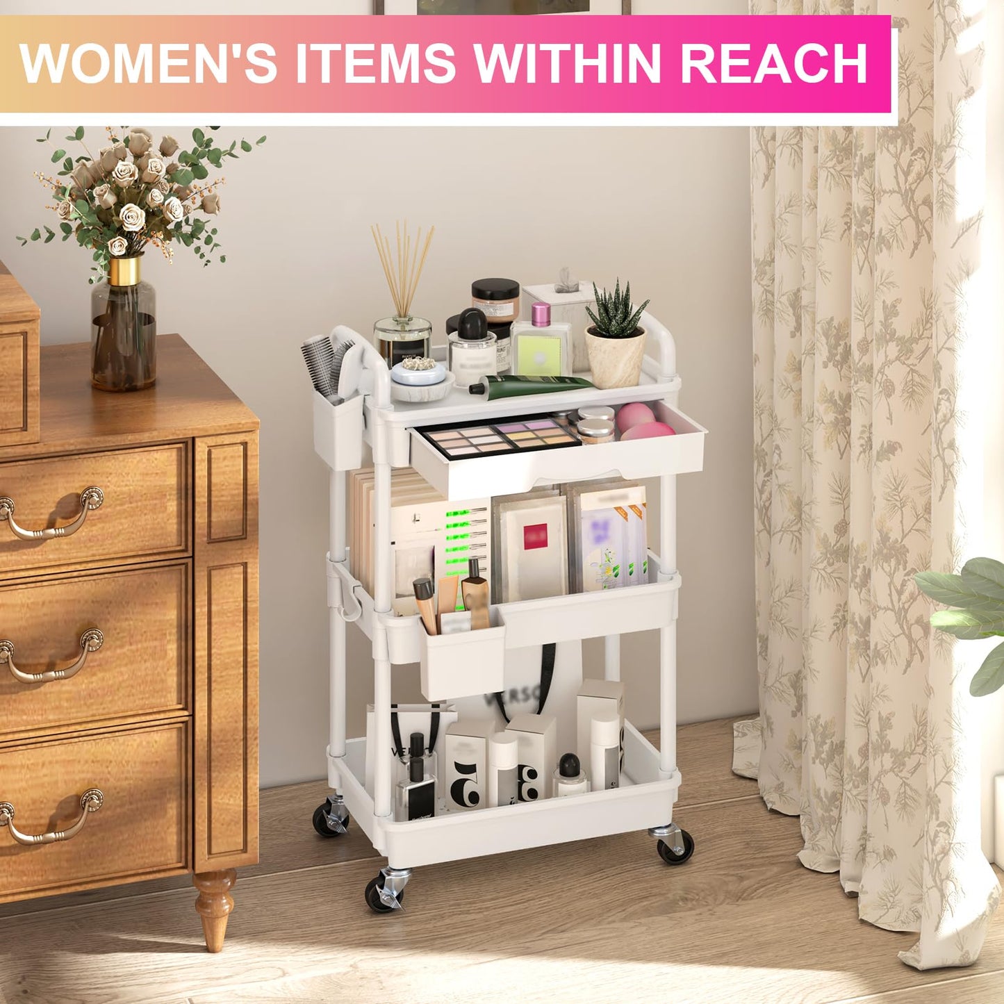 Goovilla 3 Tier Rolling Utility Cart Organizer with Removable Drawer, Stable and Sturdy Black Rolling Storage Carts with 2 Lockable Wheels for Bathroom, Kitchen, Snack, Craft, Makeup, Baby Essentials