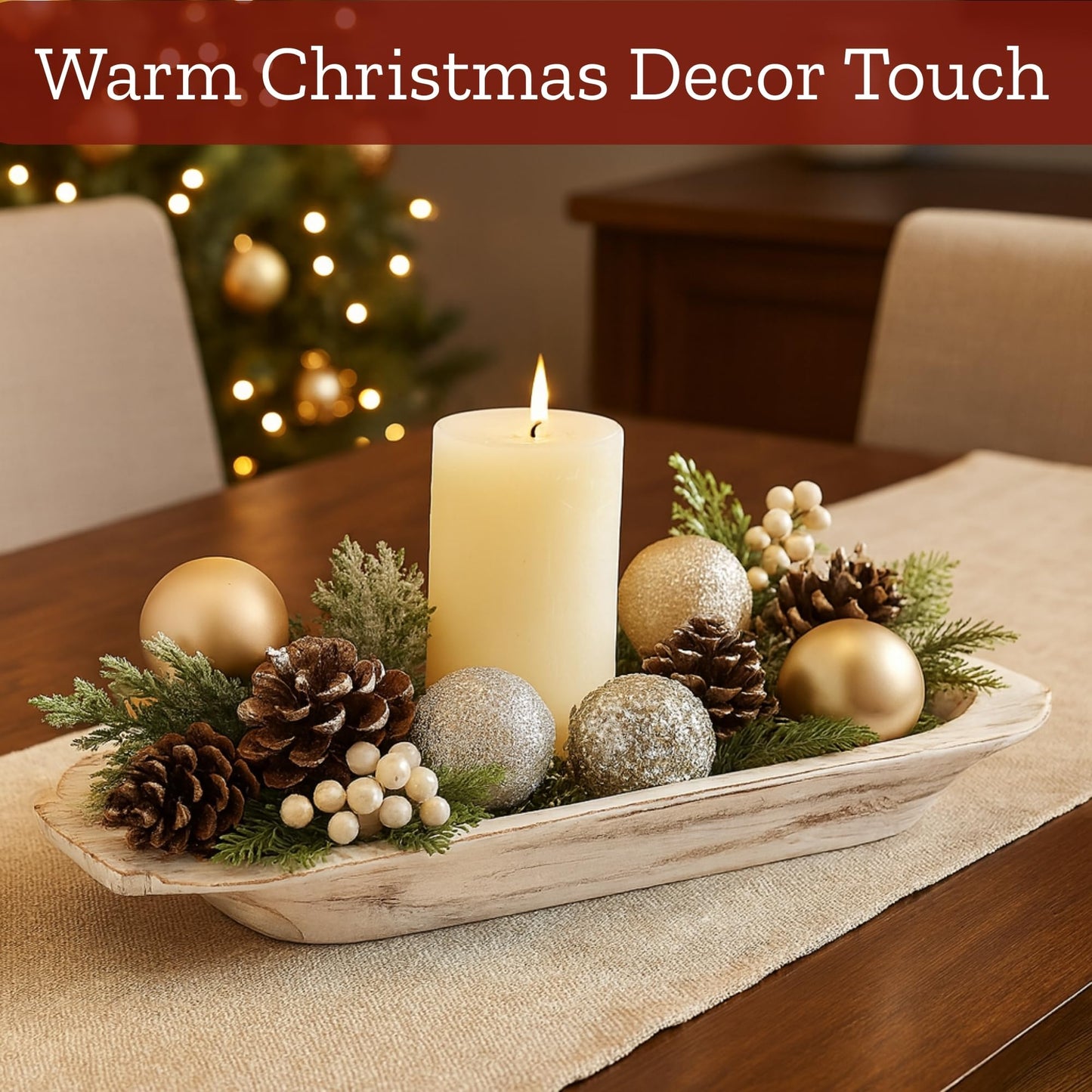 Mie Creations 16'' Large Wooden Dough Bowl for Decor, Farmhouse Decorative Centerpiece Oval Dough Bowls for Table | Handmade Long Wood Bowl, Thanksgiving Christmas Dining Decorations-Shabby Chic White