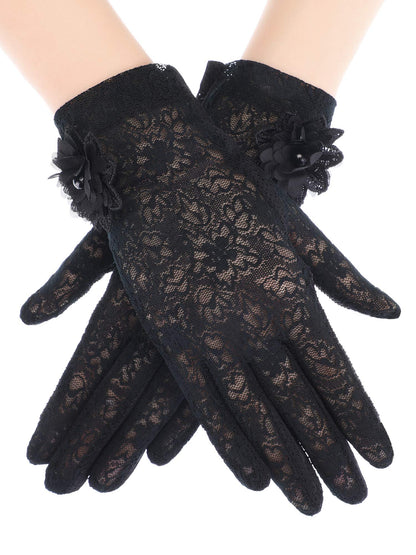 SATINIOR Lace Gloves Women Short Fingerless Floral Gloves for Tea Party Wedding Halloween(Floral,Black)