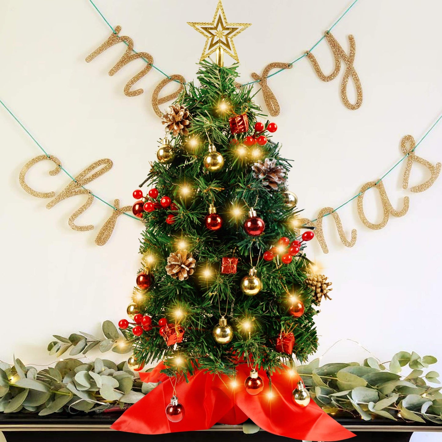 Blissun 2Ft Mini Christmas Tree, Artificial Christmas Pine Trees, Tabletop Xmas Tree, Mini Christmas Pine Tree with LED Lights, Star Tree Topper and Christmas Ornaments for Christmas Table Decorations