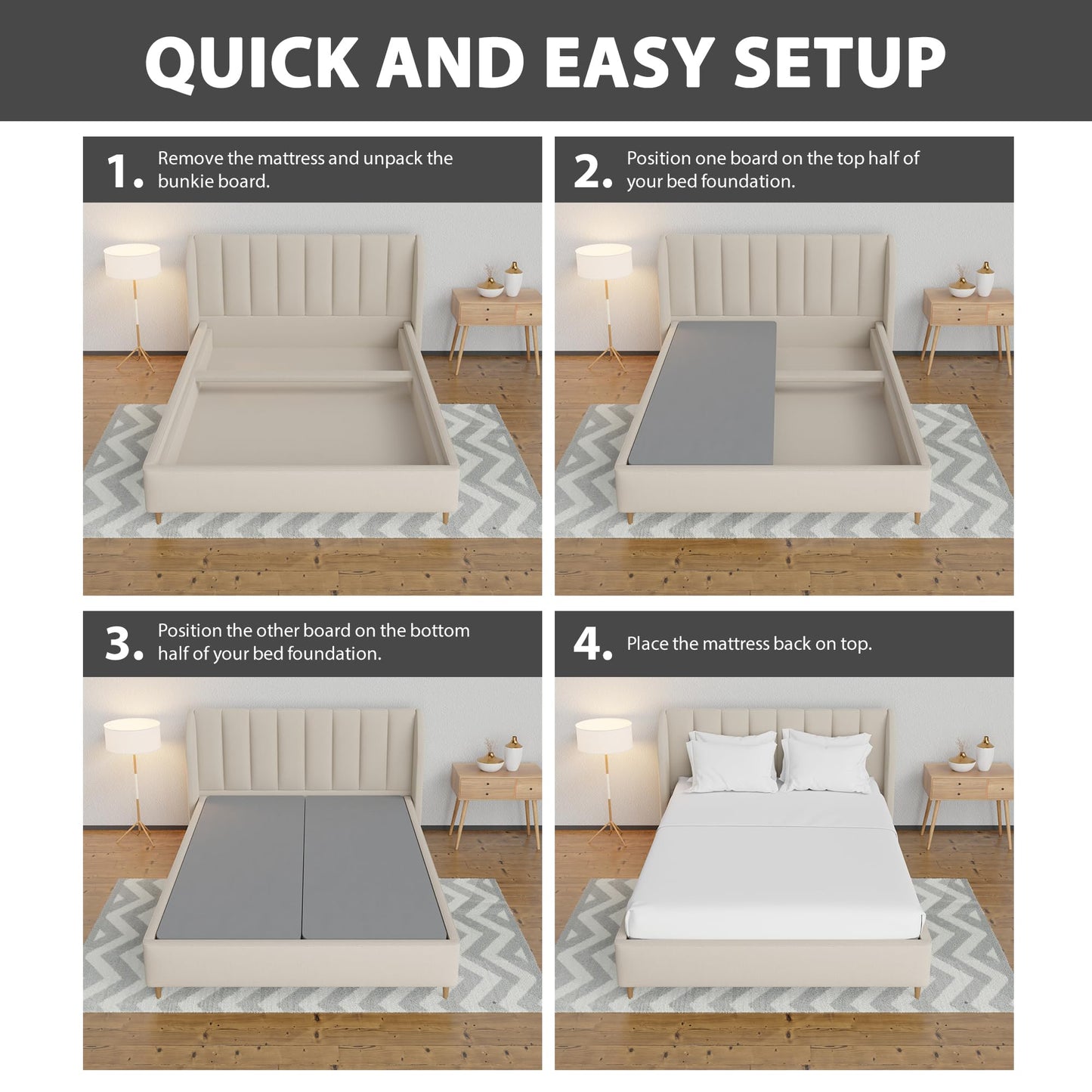 Nutan, 1.5" Split Wood Bunkie Board Full Size Bed-2-Piece Under Mattress Support, Fully Assembled, Fabric Ventilation Cover-Replaces Wooden Slats or Box Spring for Bed Frames, Grey