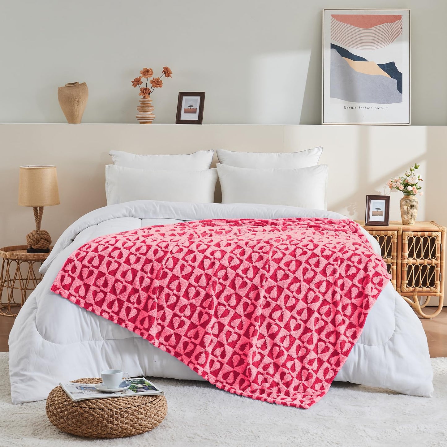 GIOKARNNA Hot Pink Throw Blanket with Hearts Checkered Throw Blanket for Lover Mom Gifts Valentines Day Blanket Lap Blanket, 60x80 Inches, 300GSM