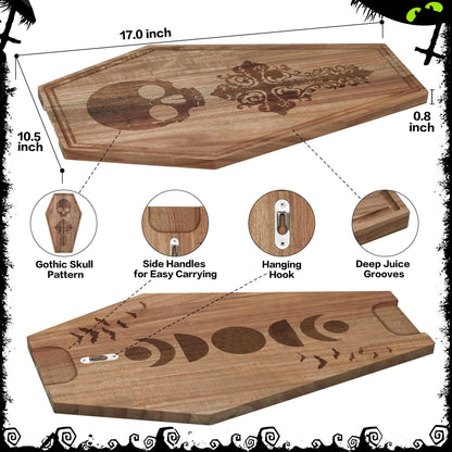 Halloween Coffin Charcuterie Board,Gothic Acacia Wooden Cutting Board for Kitchen Food Display,Skeleton Pattern Serving Tray,Goth Party Decor,Spooky Platter Gifts,17×10.5 Inch