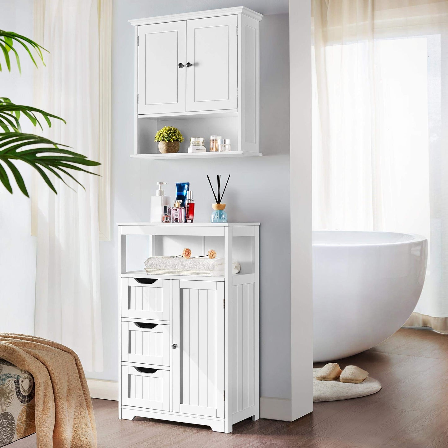 Yaheetech Bathroom Storage Units with Open Storage Shelf Free-standing Floor Cabinets Sideboard with 3 Drawers and 1 Door, Adjustable Shelf for Living Room Kitchen Entryway White