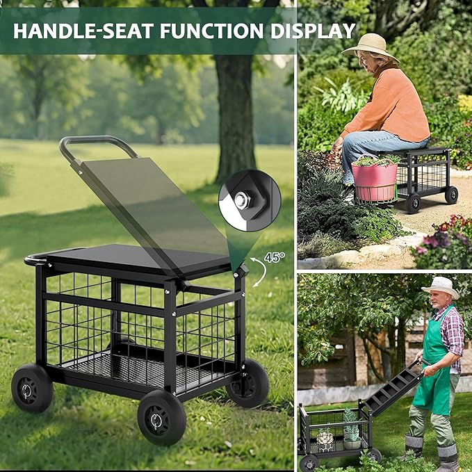 FLINTER Rolling Garden Work Seat with Wheels, Heavy Duty Garden Cart with Seat - Metal Rolling Garden Stool, Upgraded Gardening Cart for Seniors, Outdoor Wagon for Lawn, Patio Gardening, Black