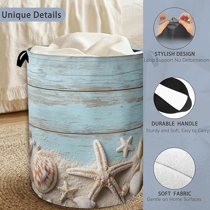 Starfish Seashell Laundry Basket, Vintage Wooden Oxford Cloth Laundry Hamper