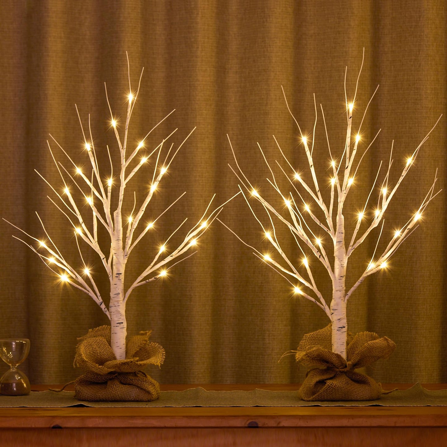HOLILLUMA Lighted Birch Tree Christmas Decorations, 2Pack 2FT USB Rechargeable Tabletop Tree with LED Lights, Pre-Lit Artificial Mini Money Trees for Home Centerpiece Fireplace Party Decor(Timer)
