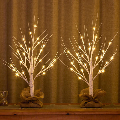 HOLILLUMA Lighted Birch Tree Christmas Decorations, 2Pack 2FT USB Rechargeable Tabletop Tree with LED Lights, Pre-Lit Artificial Mini Money Trees for Home Centerpiece Fireplace Party Decor(Timer)
