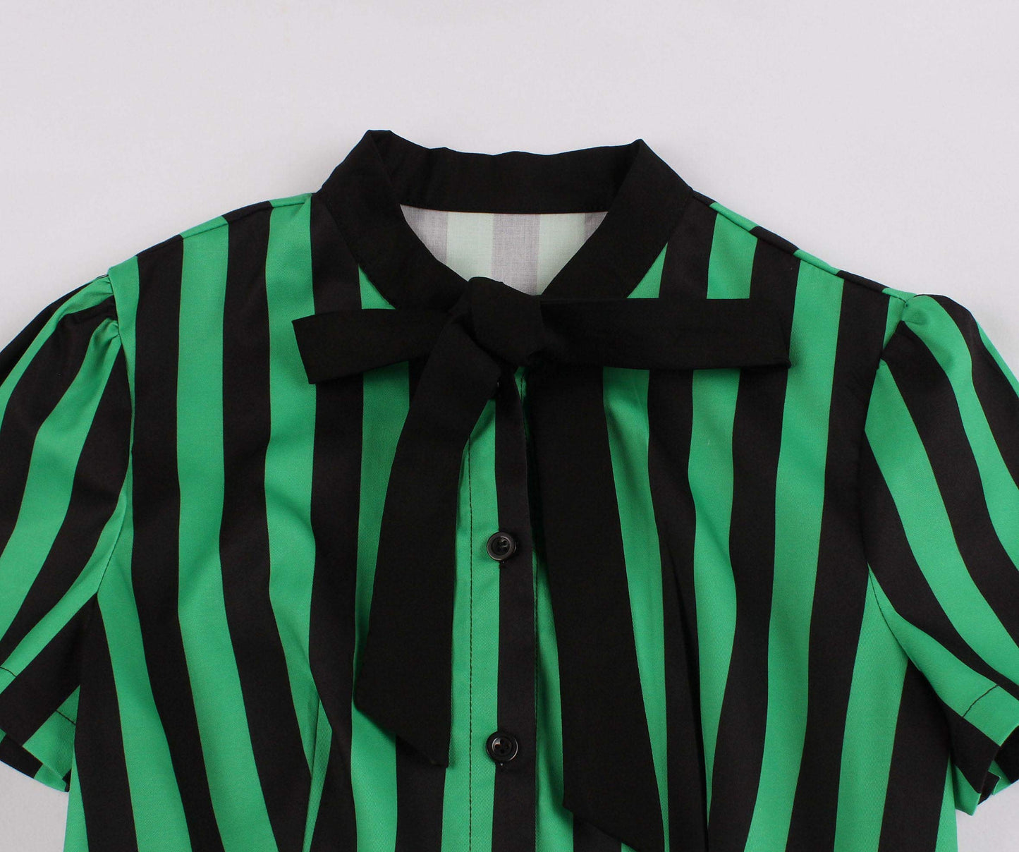 Wellwits Women's Tie Neck Halloween Gothic Black and Green Stripe Vintage Dress L