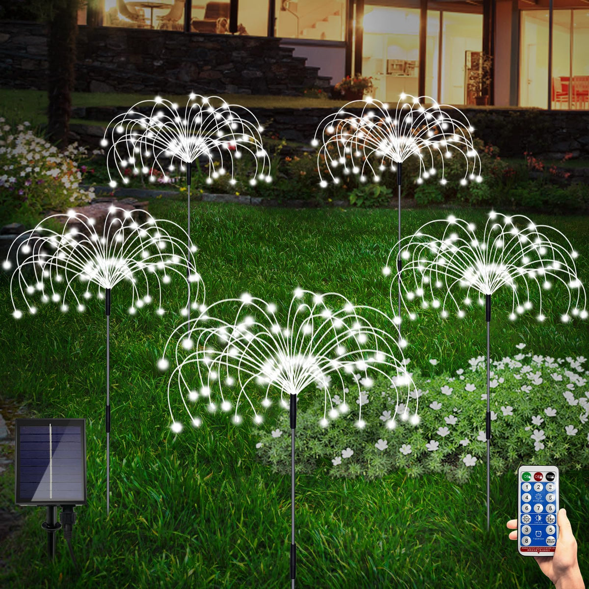 Maleyt Solar Garden Lights, Outdoor Firework Lights, 5 Pack 120 LED Decorative Stake with Remote, 8 Modes DIY Landscape Light Waterproof Lamps for Walkway Pathway Backyard Lawn (White)