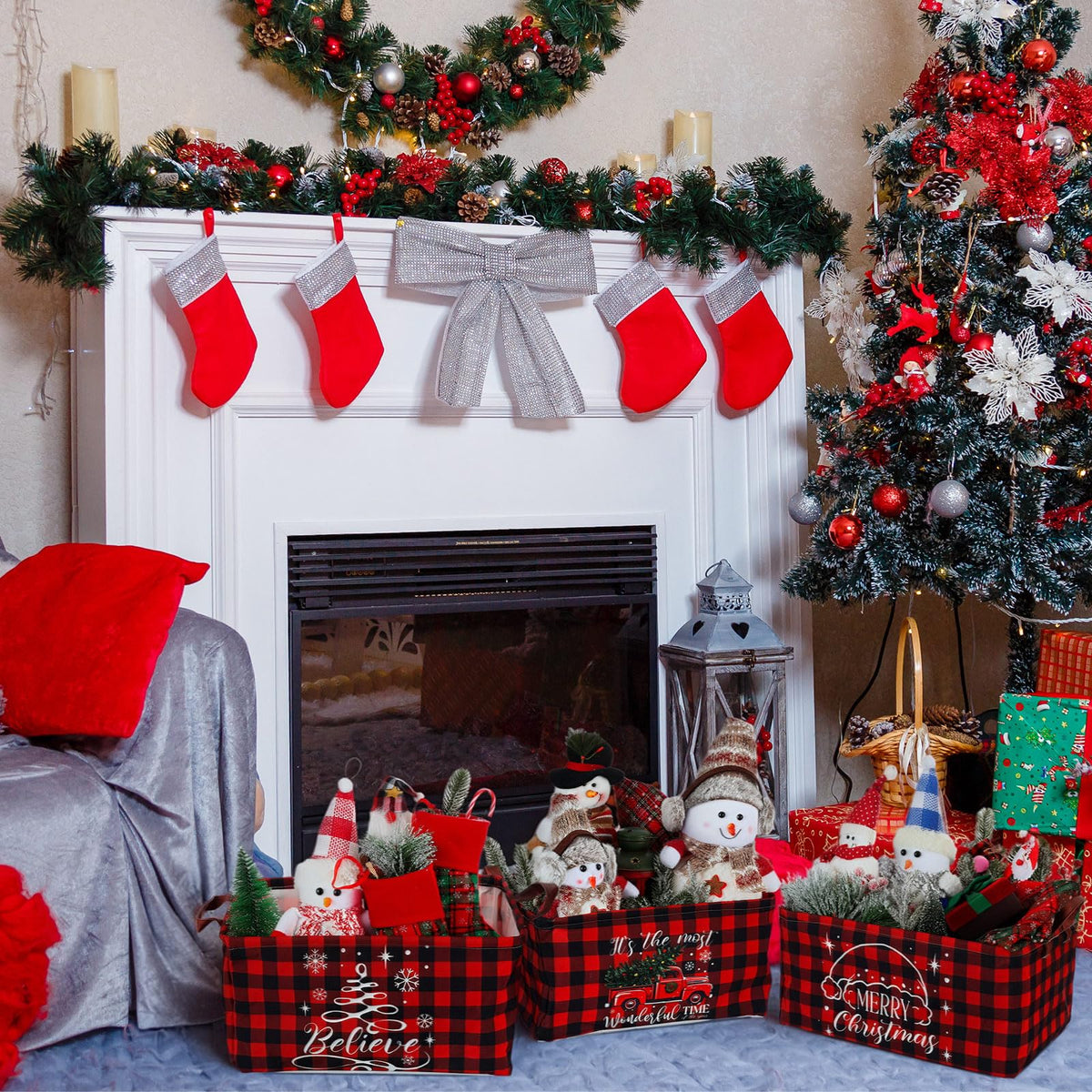 CHENGU 6 Pack Christmas Storage Basket Collapsible Christmas Basket for Gifts Buffalo Plaid Holiday Decor Large Snowman Bin Foldable Xmas Tree Box with Handle for Bedroom Office Home