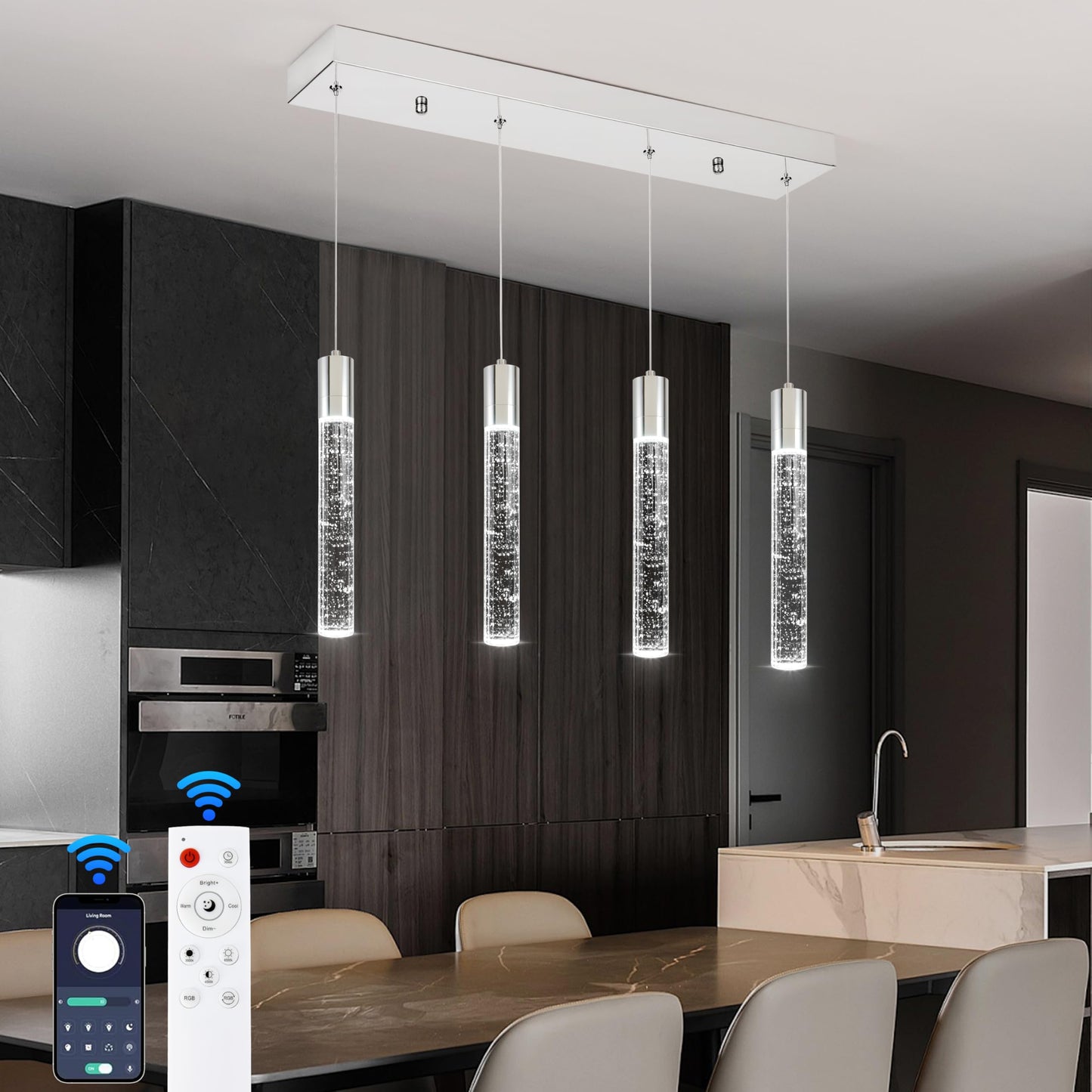 votag 4 Light Pendant Lights Kitchen Island, Modern Chrome Crystal Pendants with Dimmable 3000K-6000K LED Ceiling Hanging Light Fixture for Dining Room Bedroom, Adjustable Height 59"