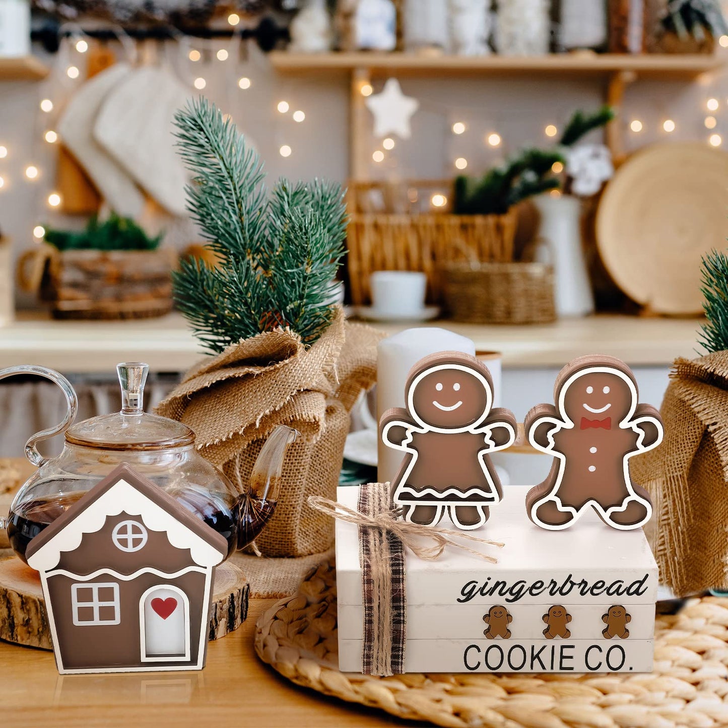 Jetec 6 Pcs Christmas Gingerbread Table Decor Wooden Xmas Gingerbread House Signs Farmhouse Tiered Tray Decor Rustic Mini Book Wood Block Centerpiece Decorations for Home Office Desk Shelf Party Gift