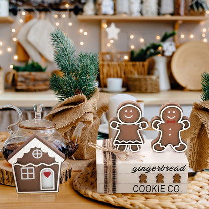 Jetec 6 Pcs Christmas Gingerbread Table Decor Wooden Xmas Gingerbread House Signs Farmhouse Tiered Tray Decor Rustic Mini Book Wood Block Centerpiece Decorations for Home Office Desk Shelf Party Gift
