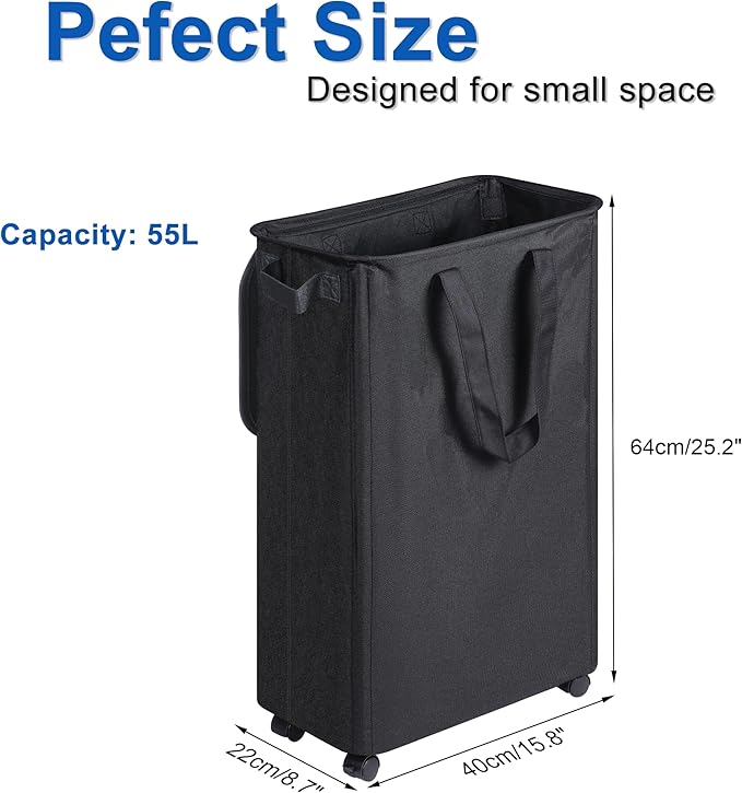 Slim Laundry Hamper with Lid and Wheels, Small Rolling Laundry Basket with
