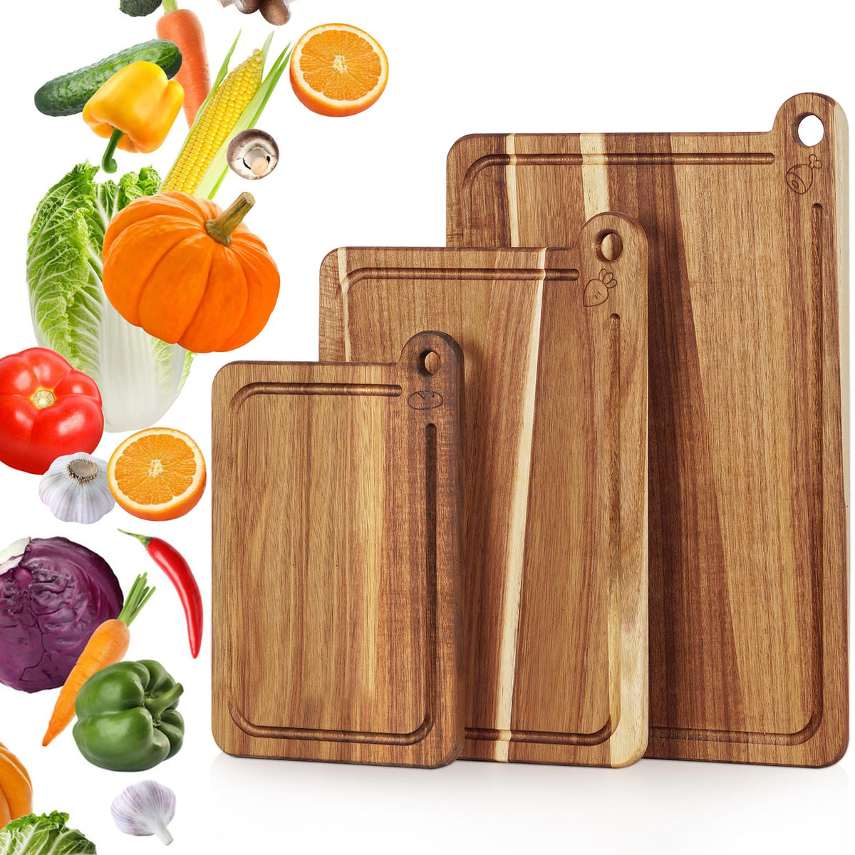 3 Pack Cutting Board Set, Acacia Wood Cutting Boards for Kitchen, Chopping Board with Deep Juice Grooves & Built-in Handle, Charcuterie & Chopping for Meat, Vegetables and Cheese