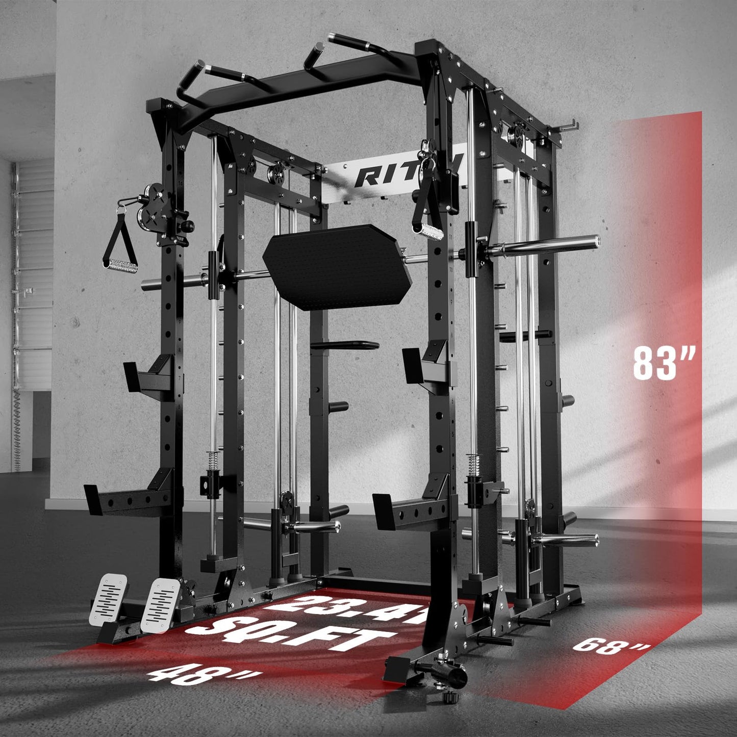 RitFit Buffalo Smith Machine, Power cage with LAT-Pull Down System & Cable Crossover System, All-in-One Squat Rack for Home Gym, Power Rack (Black, Buffalo)
