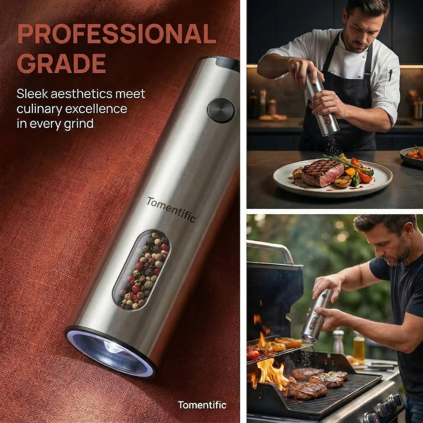 Electric Salt and Pepper Grinder Set with Rechargeable Base - Upgraded Large Capacity, Refillable Pepper Mill Set with LED Light & Adjustable Coarseness, Ideal for Kitchen, Outdoor (Polished Silver)