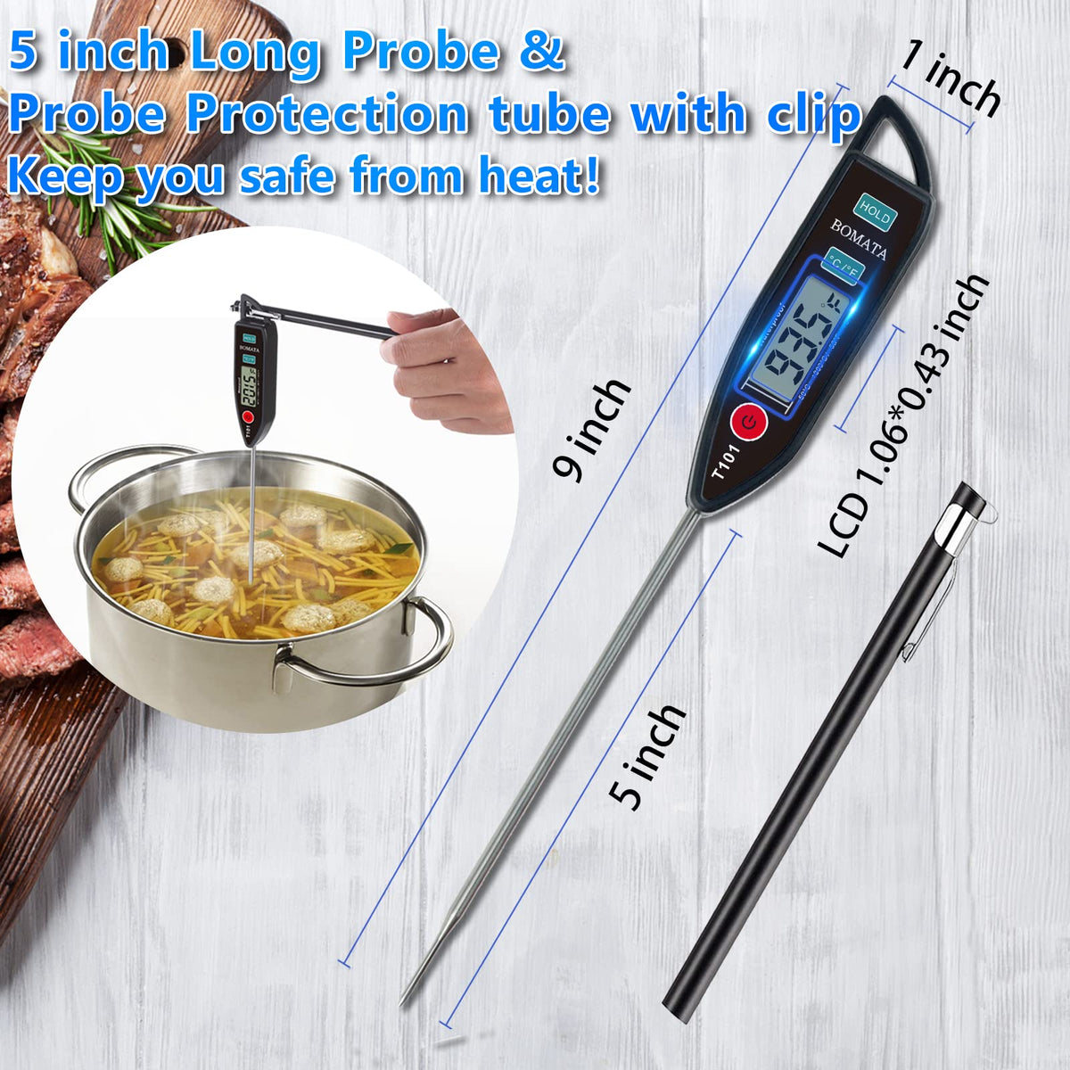 BOMATA 2 Pack Waterproof IPX7 Meat Thermometer Instant Read Food Thermometer with Long Probe for Water, Liquid, Kitchen Cooking, Grill,BBQ ! T101 X 2 Pcs (Black & Red)…