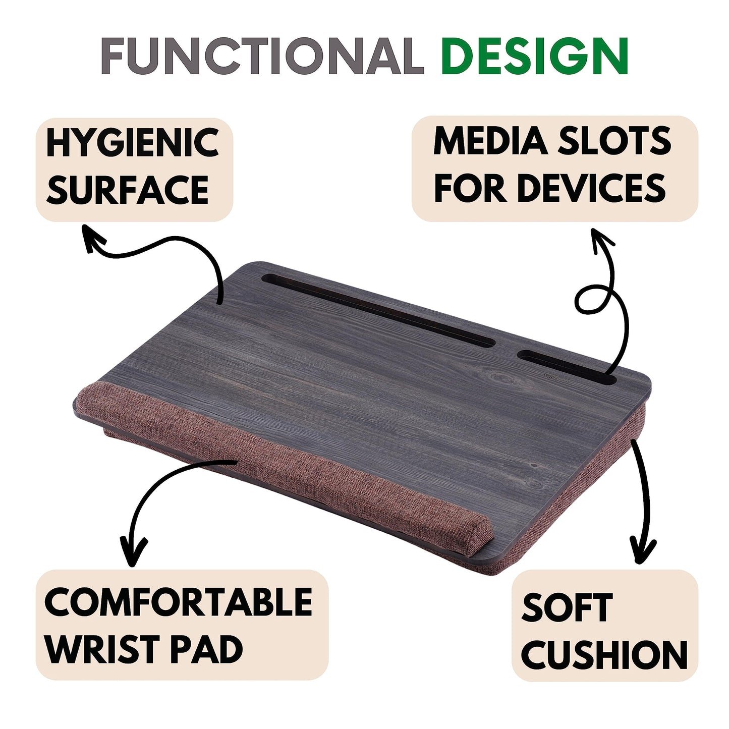 Vigo Wood Portable Laptop Desk – Lapdesk with Cushion, Laptop Stand for Bed, Lap Desk for Laptop and Lap Desk for Bed, Portable Desk for Lap top, Notebook Bed Tray (Black & Brown)