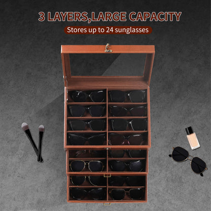 AUTOARK Leather & Velvet Clear Lid 24 Piece Eyeglasses Storage and Sunglass Glasses Display Drawer Lockable Case Organizer,Coffee,MKAW045