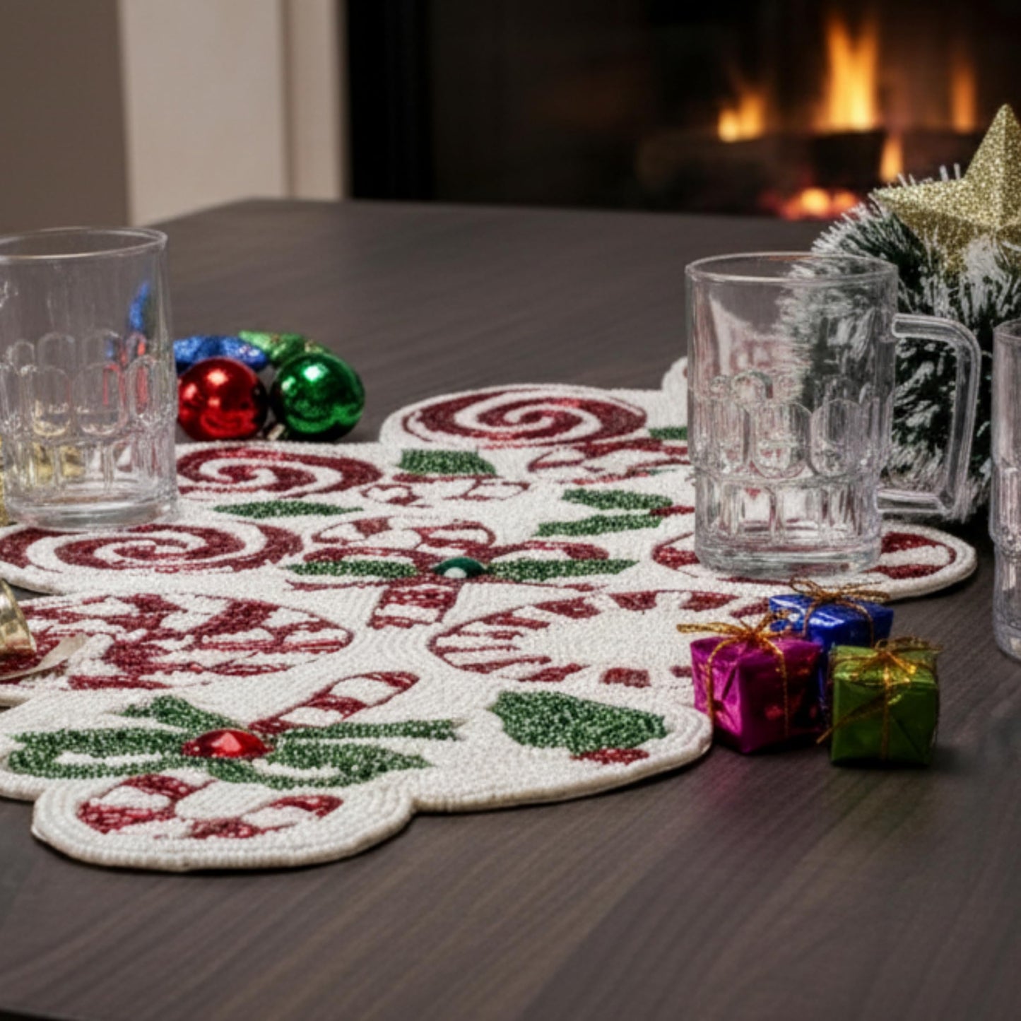 Luxury Beaded Runner 36 inch- Premium 13x36 Inch Candy Beaded & Polyester Christmas Beaded Runner - Decor for Home, Dining Tables, Weddings & Holiday Celebrations (White Red Green) - ALPHA Living HOME