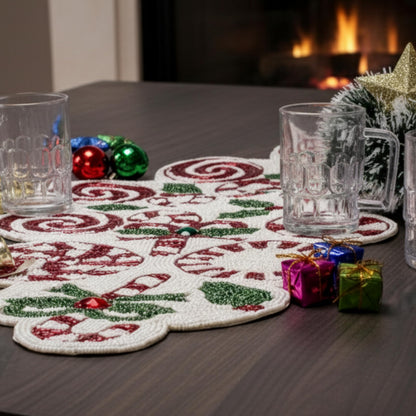 Luxury Beaded Runner 36 inch- Premium 13x36 Inch Candy Beaded & Polyester Christmas Beaded Runner - Decor for Home, Dining Tables, Weddings & Holiday Celebrations (White Red Green) - ALPHA Living HOME