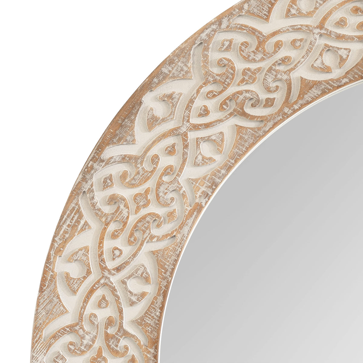 Kate and Laurel Engrahm Rustic Engraved Wooden Round Mirror, 26 Inch Diameter, Rustic Brown and White, Modern Farmhouse Distressed Circle Mirror for Use as Bathroom Mirror for Over Sink