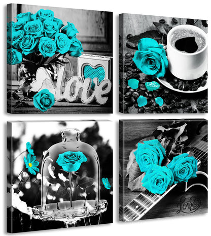 Teal Rose Wall Art Bedroom Decor Canvas Print Turquoise Flowers Pictures for Living Room Kitchen Accessories Artwork Framed 12" W x 12" H 4 Pieces