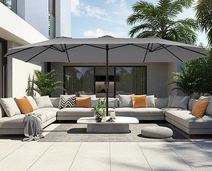 SUPERJARE 15FT Outdoor Umbrella for Patio, Double sided Pool Umbrellas with Fade Resistant Canopy, Large Table Umbrella for Deck, Market, Backyard - Gray