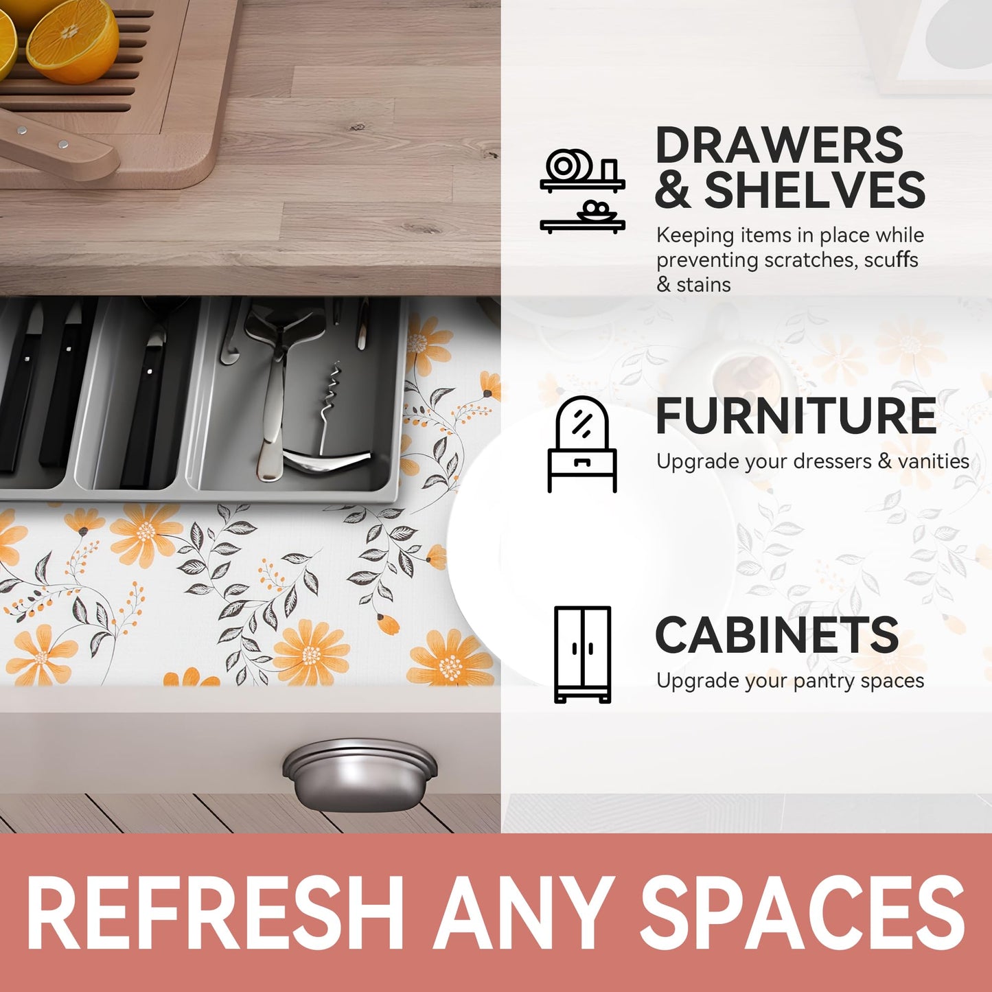 RAY STAR Shelf Liner, 12 Inch x 10 Feet Non Adhesive Daisy Floral Printed Cabinet Liner for Pantry Drawer Vanity, Strong Grip Non Slip Waterproof, Shelf Liners for Kitchen Cabinets Organization
