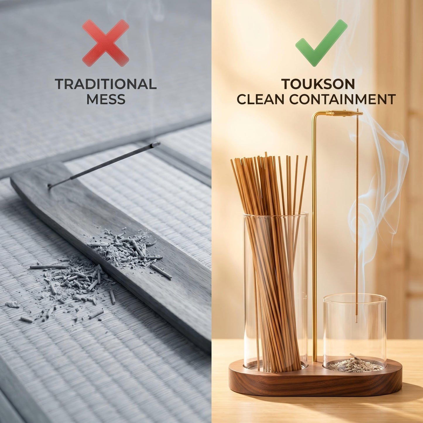 2-in-1 Incense Stick Holder with Glass Ash Catcher, Dual Glass Cups & Metal Clip, Minimalist 8-Shaped Wooden Base, Home Decor Gift (Dark Base)