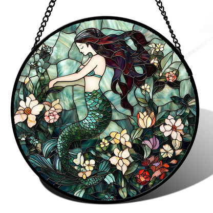 JOSUMALY Stained Glass Window Hanging - Teal Sleeping Mermaid Suncatcher for Door Terrace Garden Home Decor, Sea of Flowers Sun Catcher Birthday Gifts for Lovers Women Men Dad Mom Nana 7.8 in