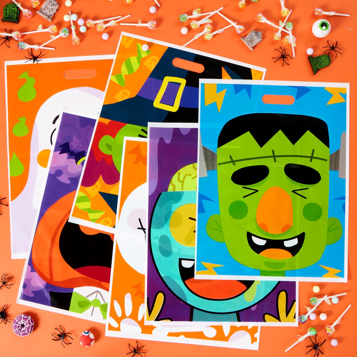 JOYIN 72 Pcs Halloween Goodie Bags with 6 Designed Characters, Trick or Treating Plastic Treat Bags for Kids Party Favors, Treats Party Supplies