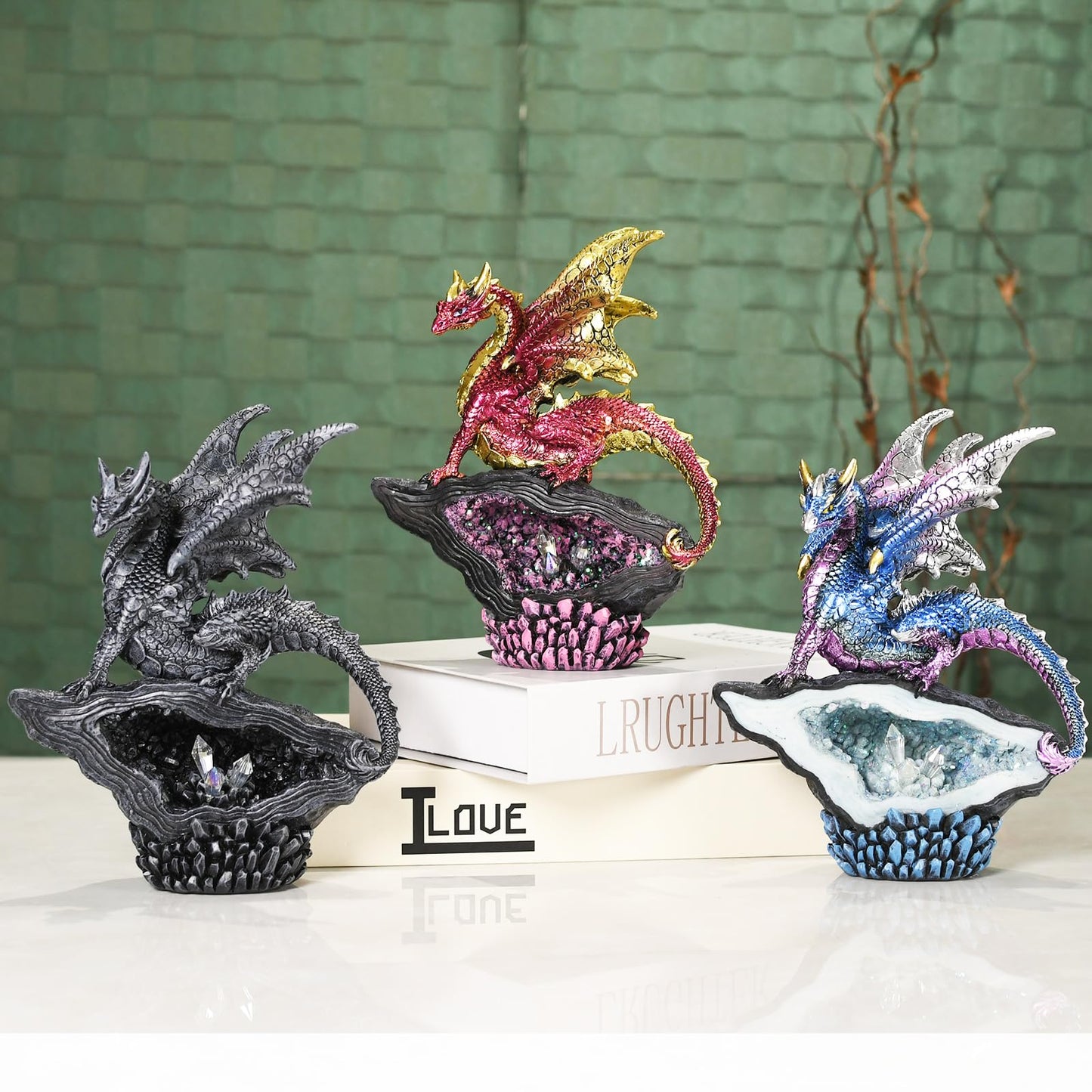 KalyZ@rts Mystic Dragon Crystal Cave Statue, Handcrafted Resin Art Sculpture with Geode, D&D Decor, Fantasy Gifts, Perfect Fantasy Decor for Desk/Home/Office & Unique Gift （Blue Dragon