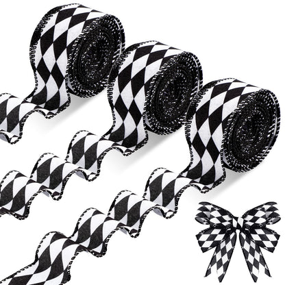 Luinabio 3 Rolls 30 Yard 1.5 Inch Christmas Black White Harlequin Ribbon Checkered Wired Ribbon Decorative for Xmas Fall Tree Wrapping Wreath Bouquet Crafts (Classic Style)