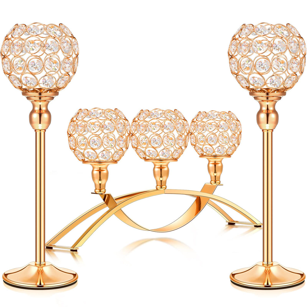 Honeydak Crystal Candle Holder Set of 3, Elegant Tealight Candelabra Centerpiece, Luxury Table Decor for Dining Room, Fireplace Mantel, Wedding, Anniversary & Home Decoration(Gold)