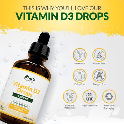 Vitamin D Drops 90ml (3000 Drops) - 1000IU per Drop - 50% More - Flexible Dose of Liquid Vitamin D3 Supplement for Adults - Unflavoured & Vegetarian - Made in The UK - Nu U Nutrition