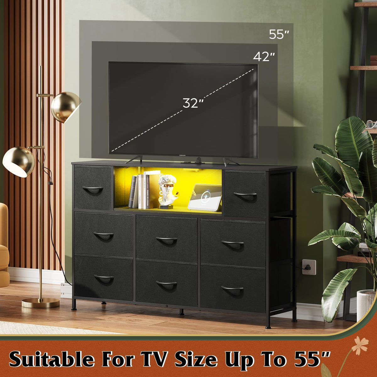 WLIVE Black Dresser TV Stand for 45, 50, 55 inch TV, Entertainment Center with LED Lights & Charging Station, Chest of Drawers with 8 Fabric Drawers and Open Shelves for Living Room, Hallway, Wood Top