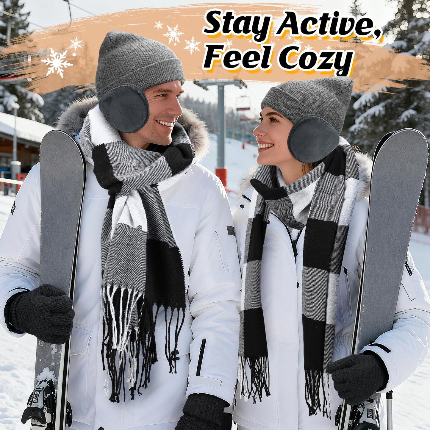 Cosweet Scarf and Gloves Set - Knitted Winter Warmer Set, Winter Gloves Plaid Scarf Beanie Hat Ear Muffs for Men Women Running Skiing Cycling Yoga Outdoor Sports Christmas Birthday Gift